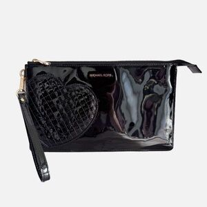 Michael Kors Daniela black patent leather large clutch wristlet quilted heart